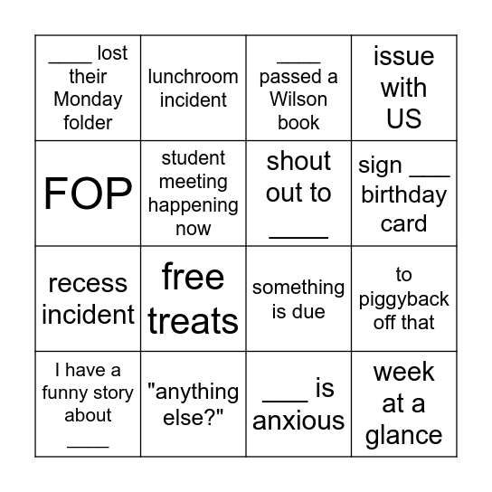 Break Meeting Bingo Card