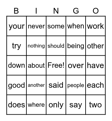 Trick Words Bingo Card