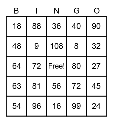 Multiplication 8's and 9's Bingo Card