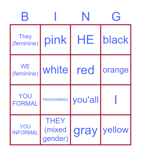 Pronombres Bingo Card