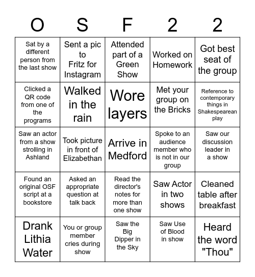 OSF 2022 Bingo Card
