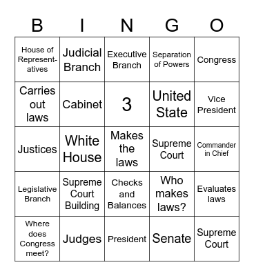 Three Branches of Government Bingo Card