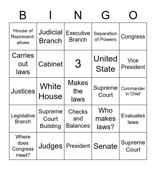Three Branches Of Government Bingo Card