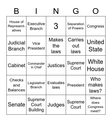 Three Branches of Government Bingo Card