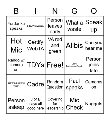 Unit Meeting Bingo Card