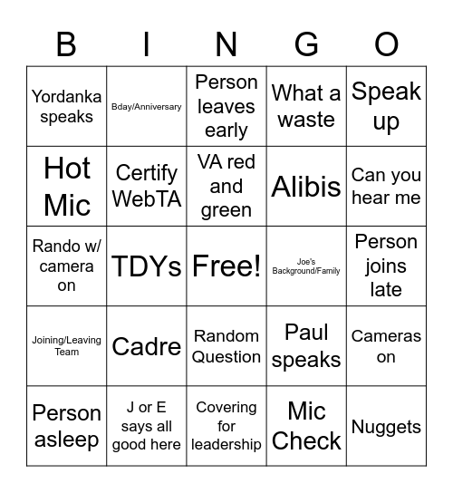 Unit Meeting Bingo Card