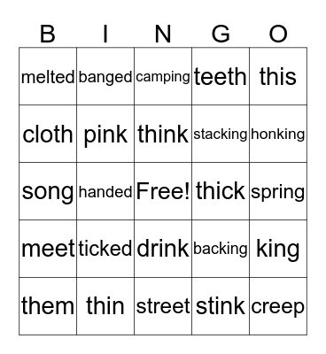 Diagraphs:  th, ng, ee/Suffix:  ed Bingo Card