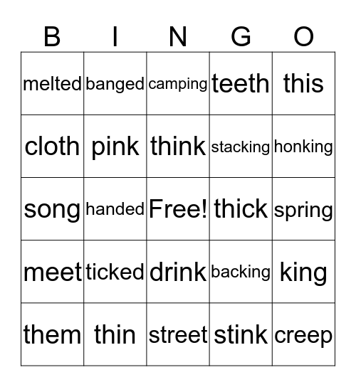 Diagraphs:  th, ng, ee/Suffix:  ed Bingo Card