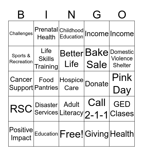 United Way 2016 Campaign Bingo Card