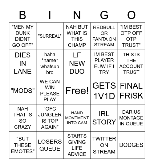 XYZ STREAM DISCORD Bingo Card