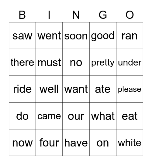 Sight Word Bingo Card