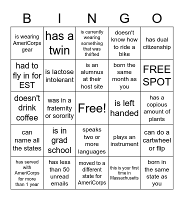 AmeriCorps EST BINGO Card