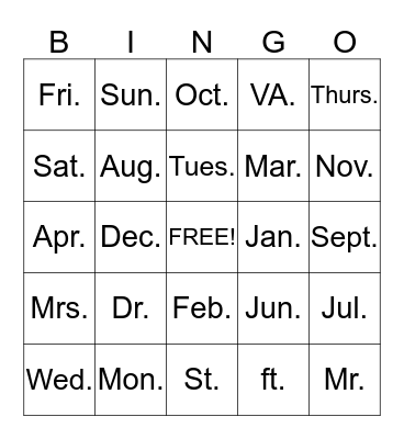 Abbreviation Bingo Card