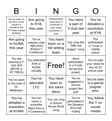 Y-club Bingo Card