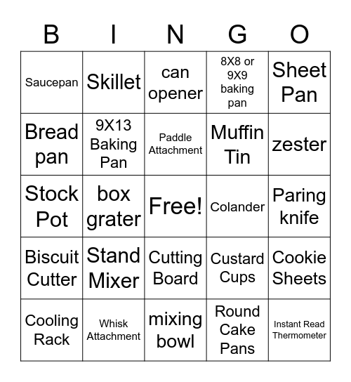 Kitchen Utensils and Small Appliances Bingo Card
