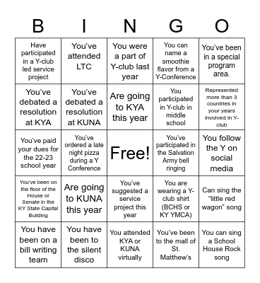 Y-Club Bingo Card