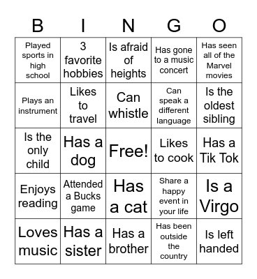 Getting to Know You Bingo Card