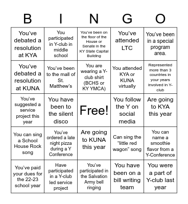 Y-Club Bingo Card