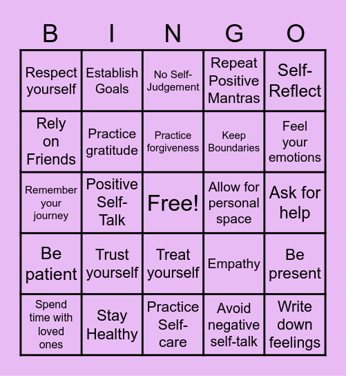 Positive Self-Image Bingo Card