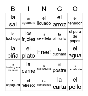 El almuerzo y la cena Bingo Card