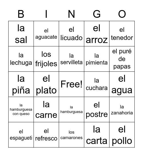 El almuerzo y la cena Bingo Card