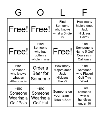Golf Bingo Card