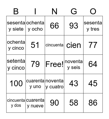 Los Números (30-100) Bingo Card