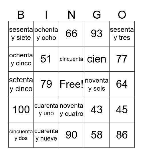 Los Números (30-100) Bingo Card