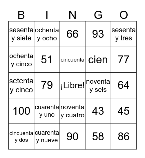 Los Números (30-100) Bingo Card