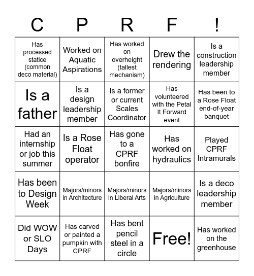 CPRF Find Someone Who... Bingo Card