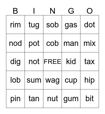 Short a/i/o/u Words Bingo Card