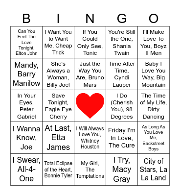 Love Songs Bingo Card