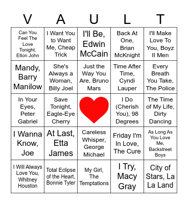 VOBingo - Love Songs Bingo Card