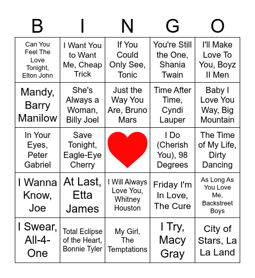 Love Songs Bingo Card