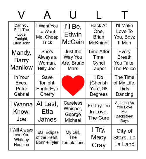 VOBingo - Love Songs Bingo Card