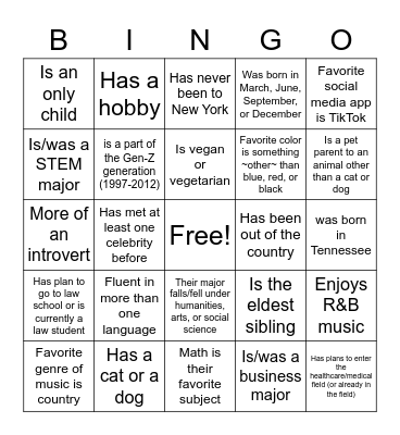 Get-to-know-you Bingo Card