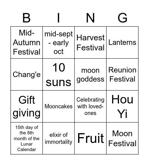 The Mid-Autumn Festival Bingo Card