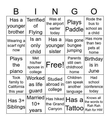 Kindergarten Parents Rock! Bingo Card
