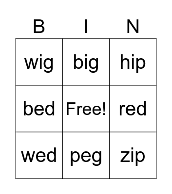 "i" Short Vowels Bingo Card