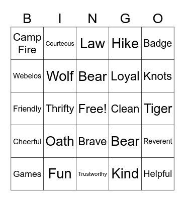 Cub Scout Bingo Card