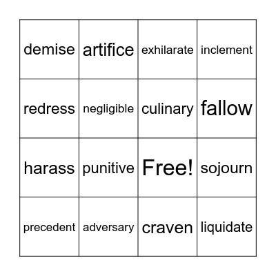 Unit 3 Vocabulary Bingo Card