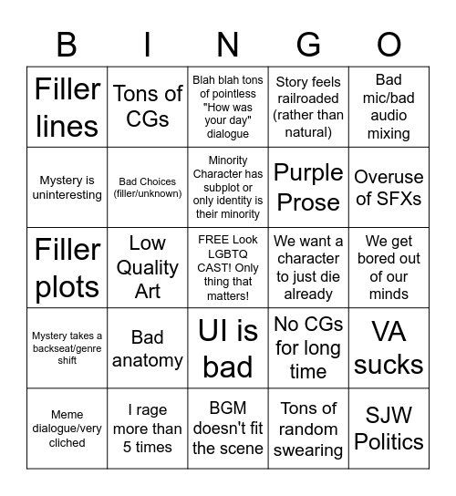 Bad VN Bingo Card