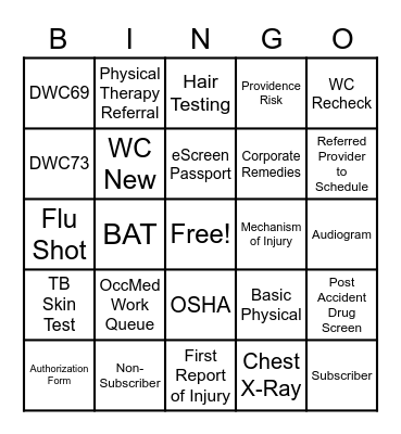 Texas Occupational Medicine Bingo Card