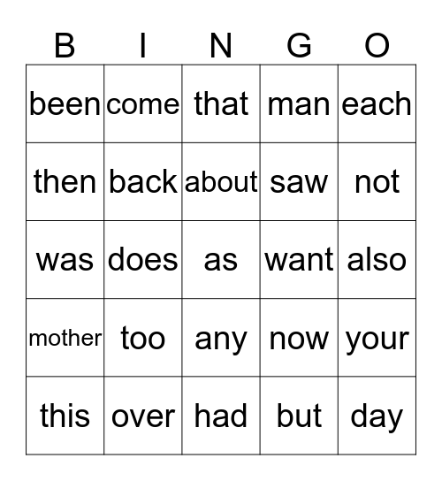 Sight Word BINGO (Level 2) Bingo Card