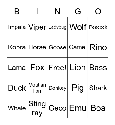 Animals Bingo Card