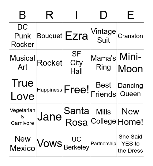 Janes Bridal Bash Bingo Card