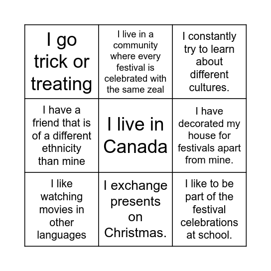 Diverse Culture Bingo Card