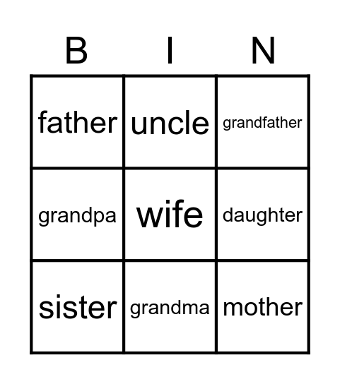 Evolve 1 Family vocab Bingo Card