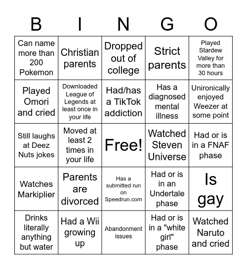 Cursed/How mentally ill are you Bingo Card