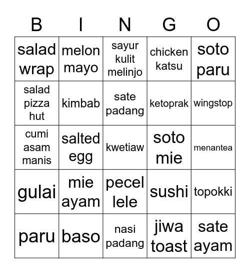 meongie’s food bingo Card